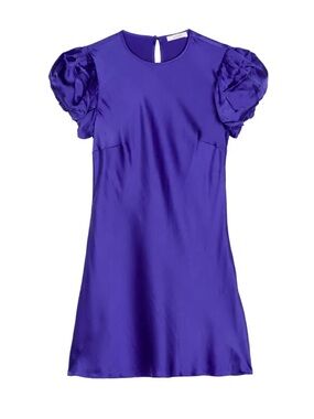 NWT Doen Jewel Silk Short Sleeve Crewneck Puff Shoulder Mini Dress Lapis Blue